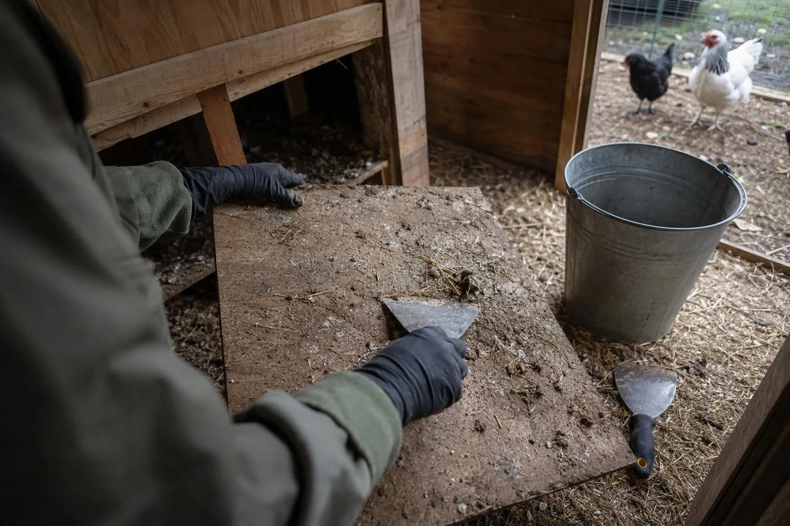Gloved hands scrape dry droppings from a coop board beside a staged bucket and scraper.