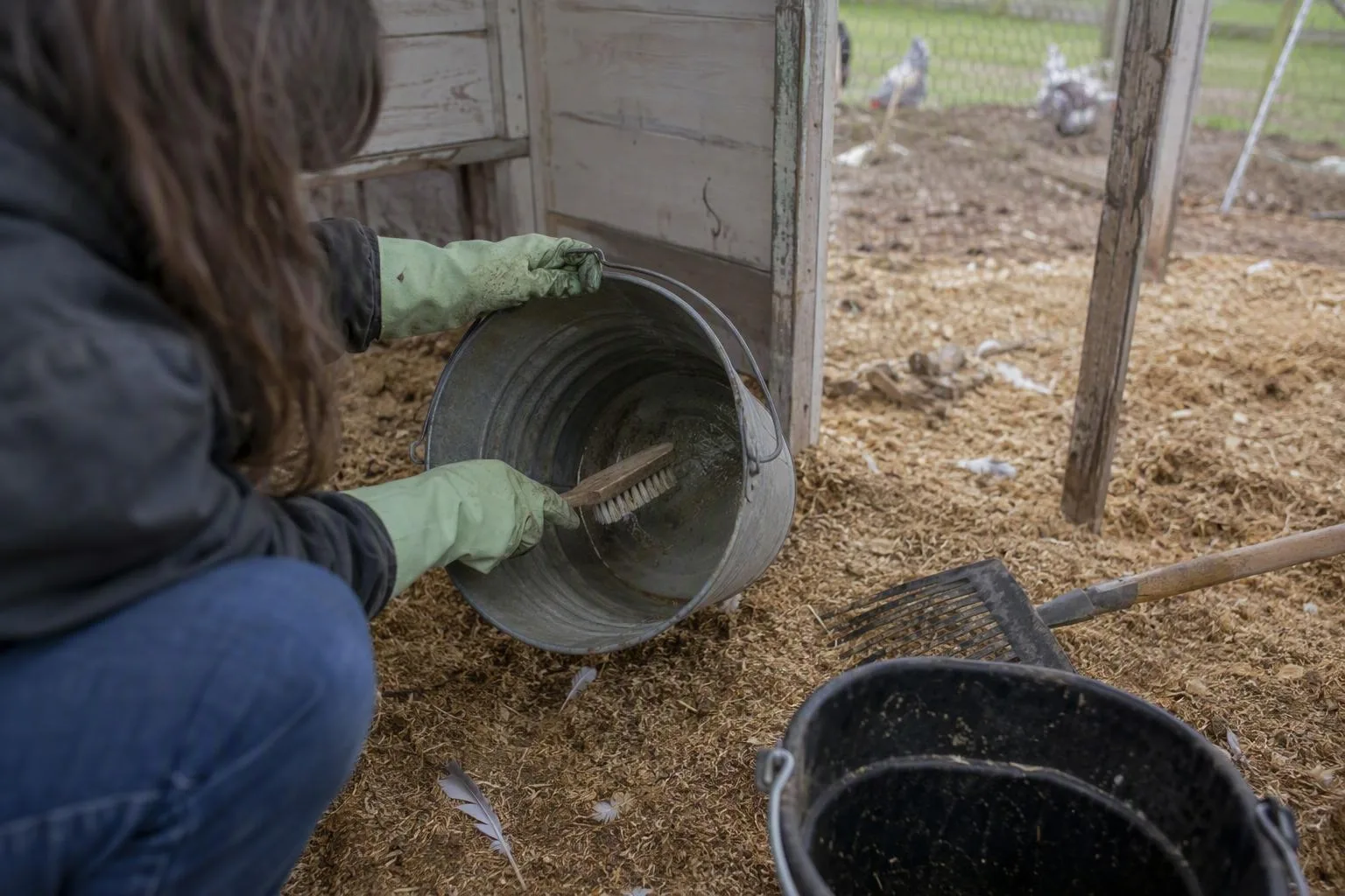 Gloved hands scrub a chicken waterer beside fresh dry bedding inside a small coop.