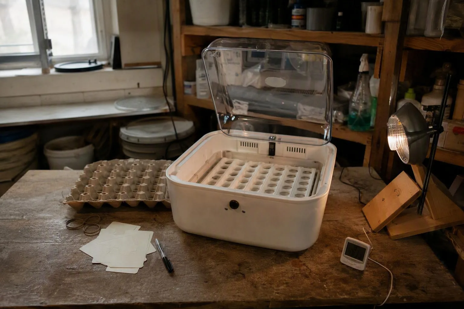 An empty incubator and candling lamp arranged for a backyard hatch before the eggs are placed inside.