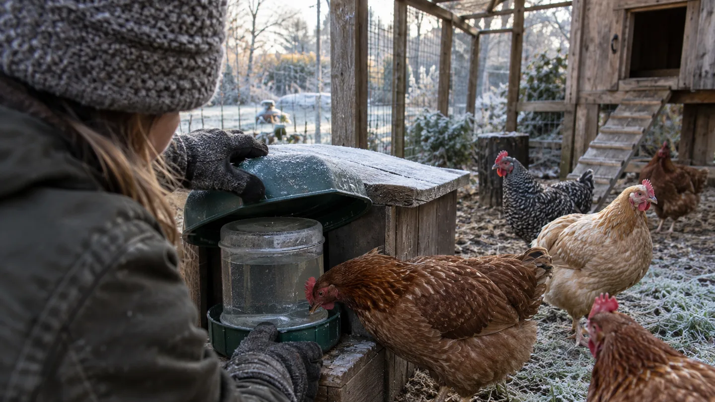 A gloved keeper checks an insulated waterer while hens drink in a frosty backyard coop.