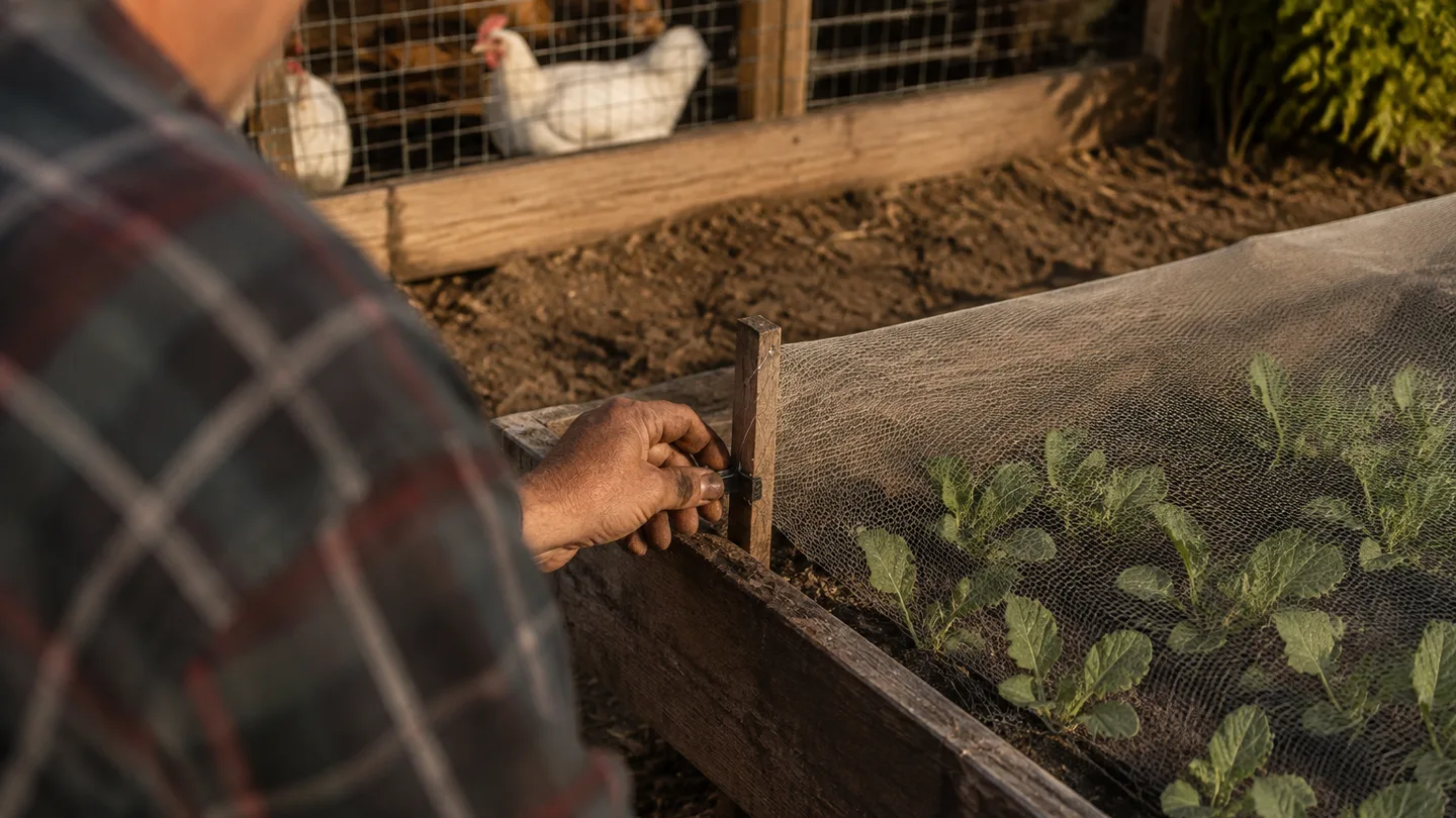 Young plants sit under a tight net beside the fenced run as hens roam nearby.