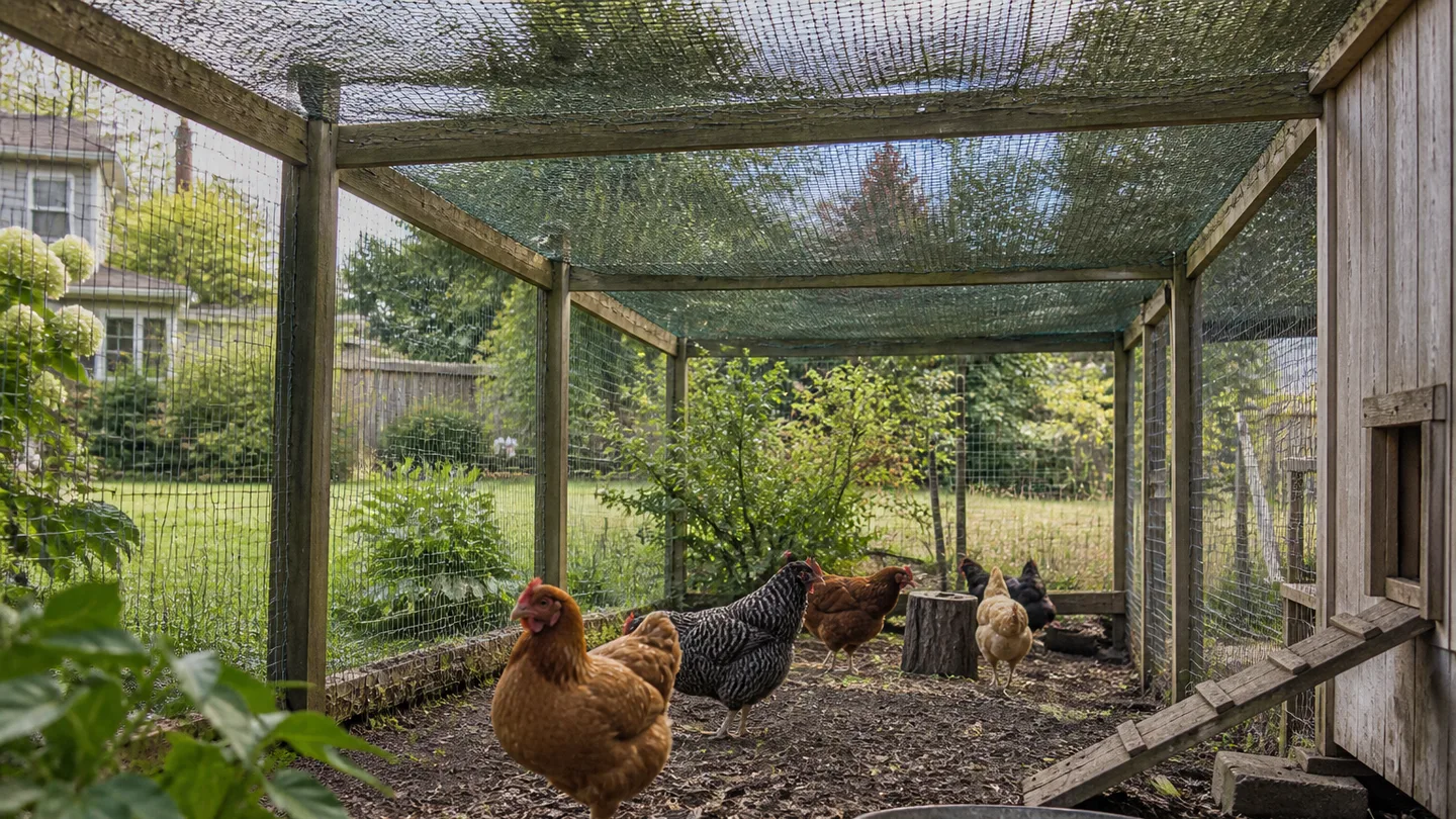 Hens gather beneath netting that covers a backyard run, protecting them from attacks from above.