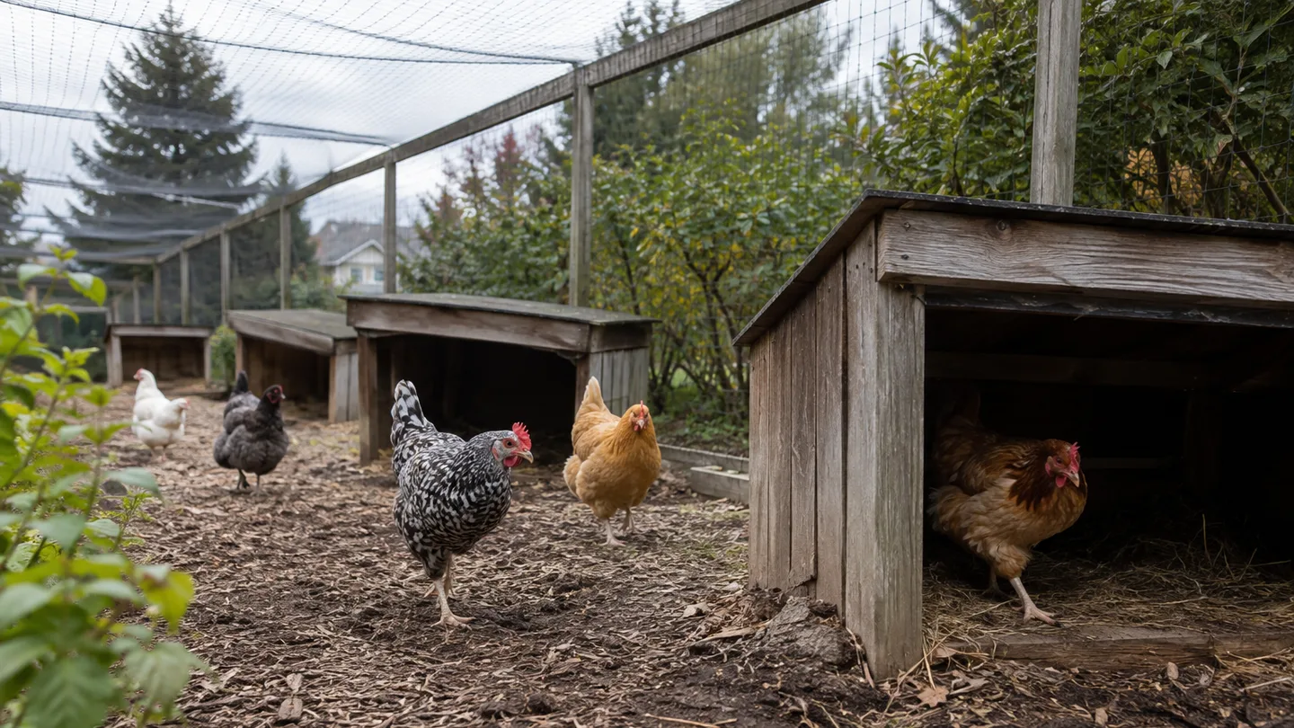 Hens move between low shelters spaced along a covered chicken-run path.