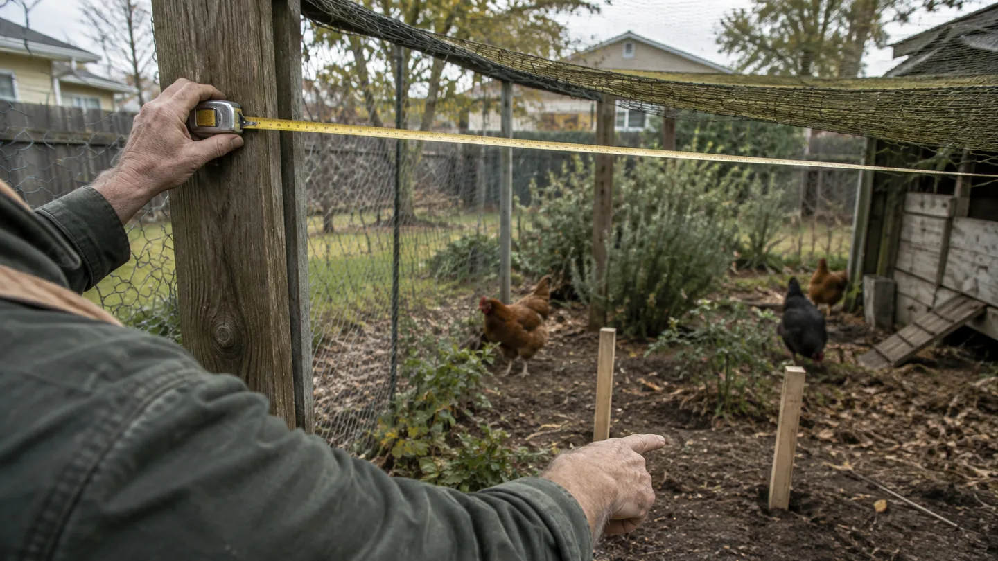 A keeper measures an exposed chicken-run section while marking where roof cover and a sheltered refuge should go.