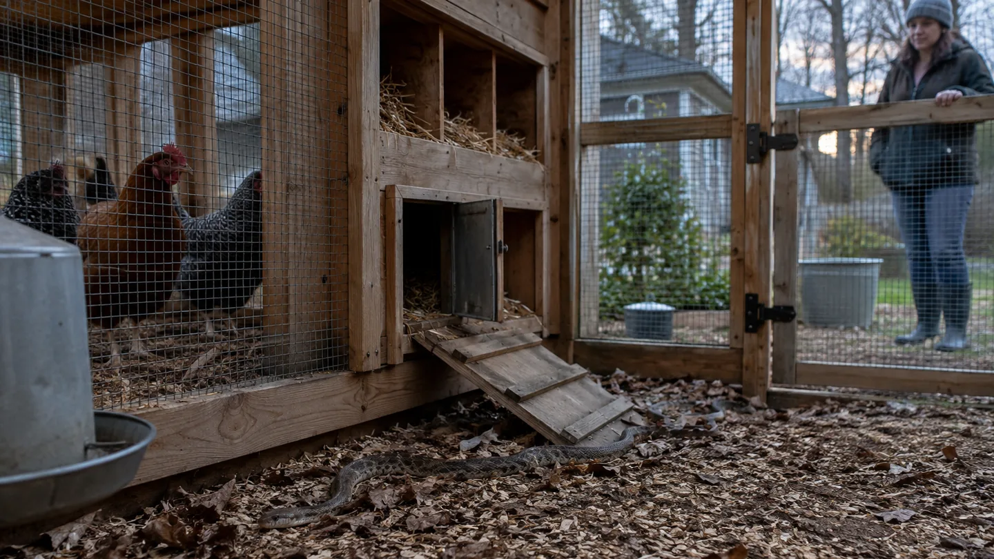 A snake moves across a coop floor while chickens stay behind wire and a person waits safely outside.