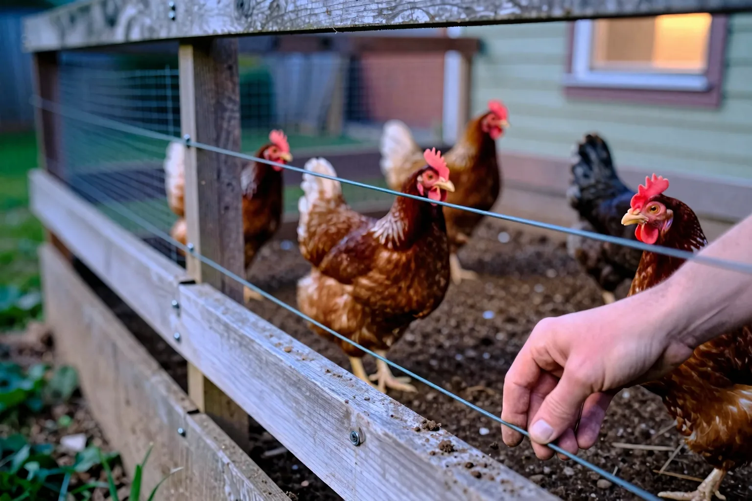 A wire apron lies flat beside the chicken run, blocking digging animals from reaching the hens.