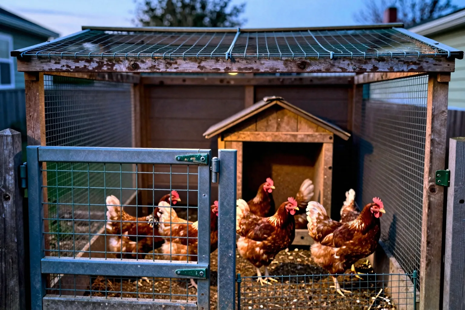 A fully roofed chicken run shelters hens beside a small enclosed retreat at dusk.