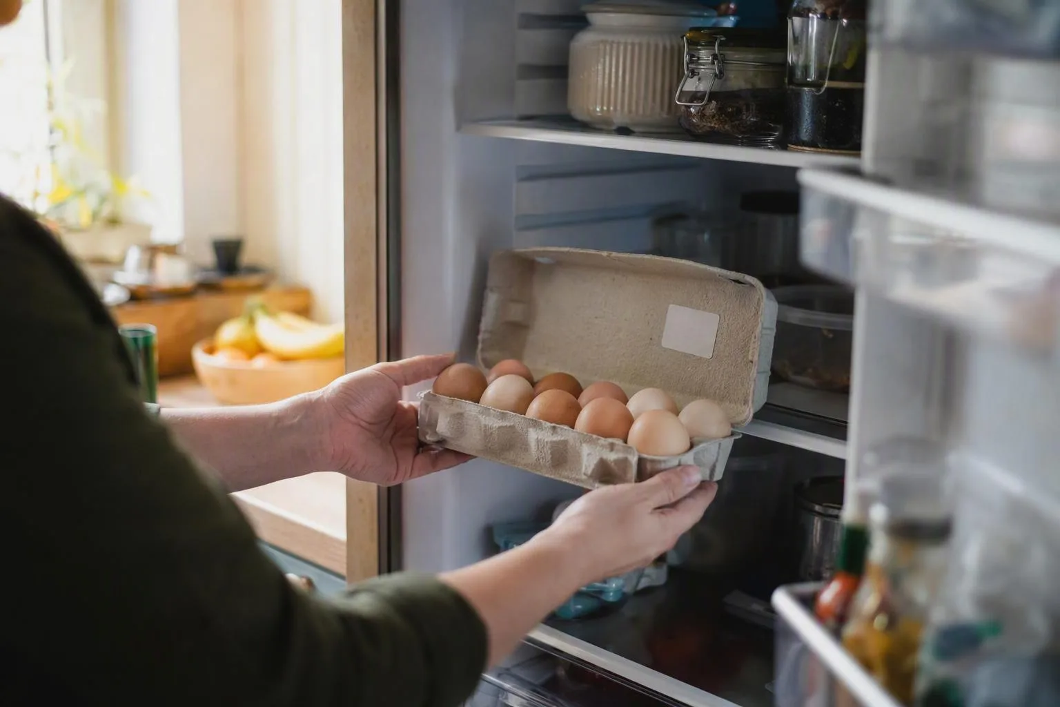 A clean carton of backyard eggs sits on a refrigerator shelf with a small date sticker for tracking storage.