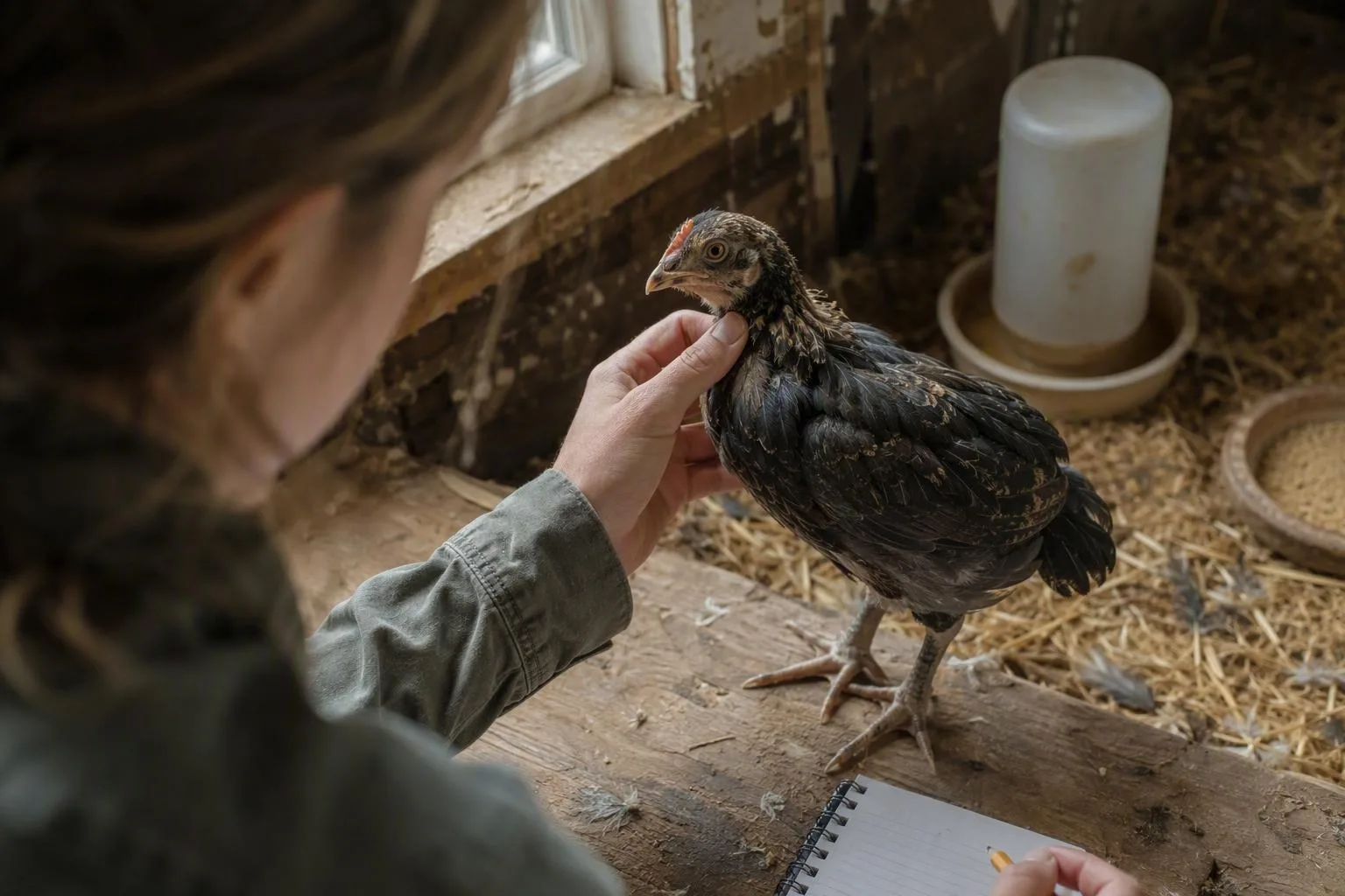 A keeper examines a young chick while recording possible sex clues in a backyard brooder.