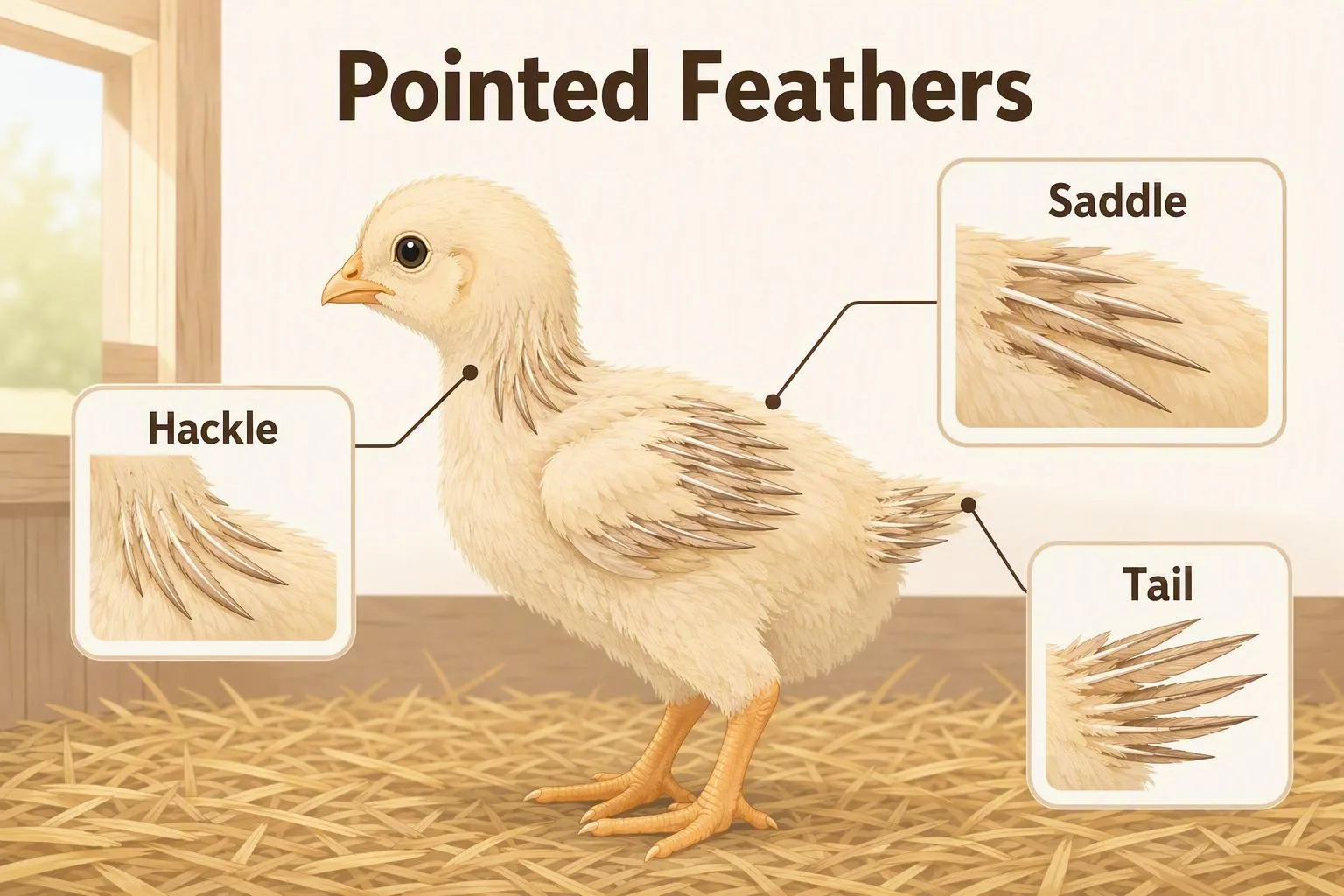 A labeled chick diagram highlights the hackle, saddle, and tail for checking pointed feather shapes.