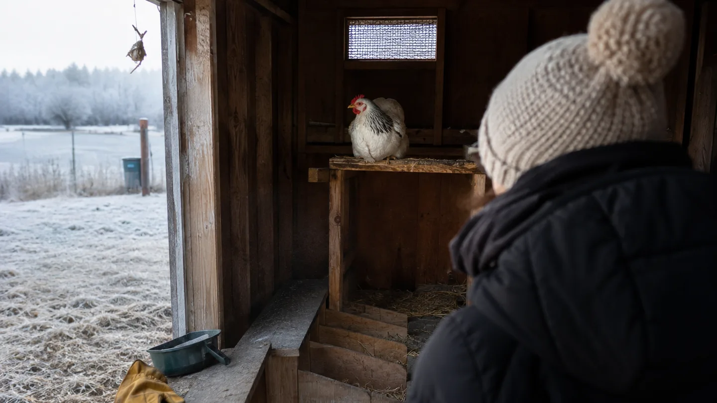 A dry coop has a high vent above a sheltered roost, helping protect a hen from winter moisture and drafts.