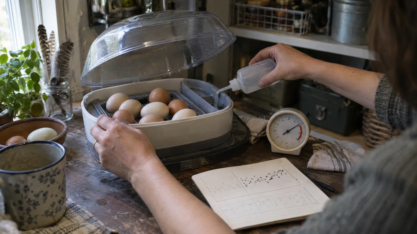 At day 18, hands record a humidity change beside eggs, a hygrometer, and a backyard incubator.