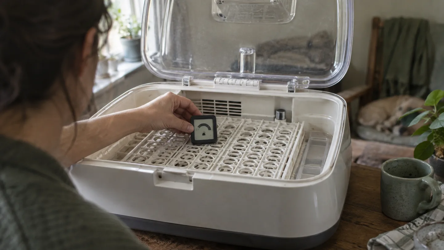 A hand positions a hygrometer level with the empty egg tray before water is added.