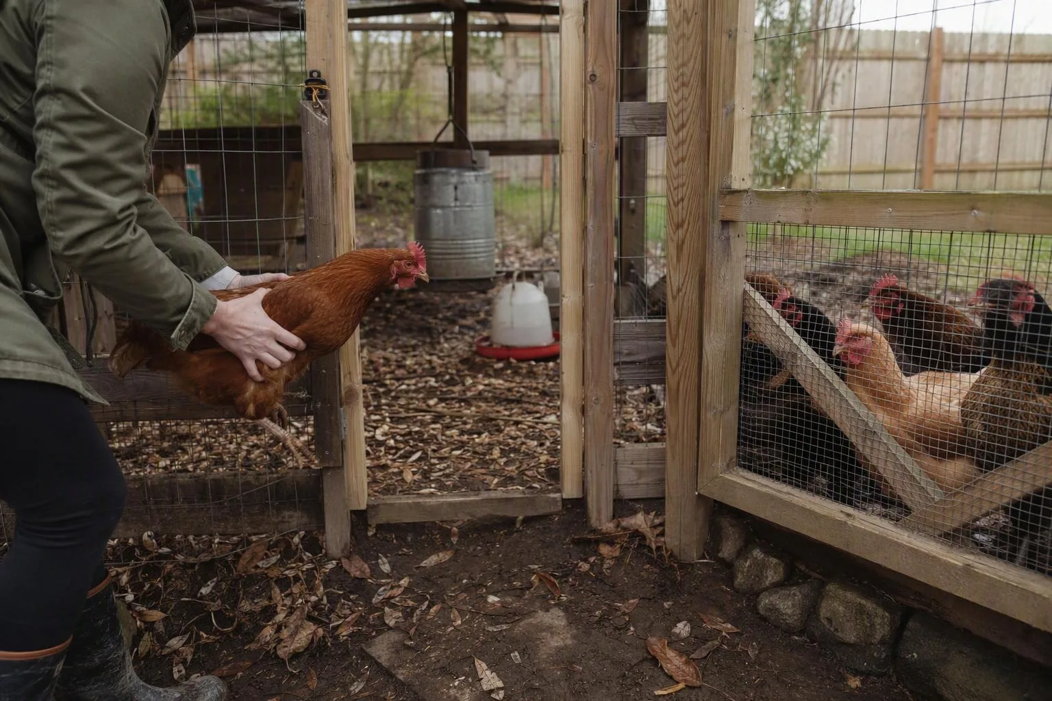 Two hens stand in a secure pen beside a separate backyard chicken run.