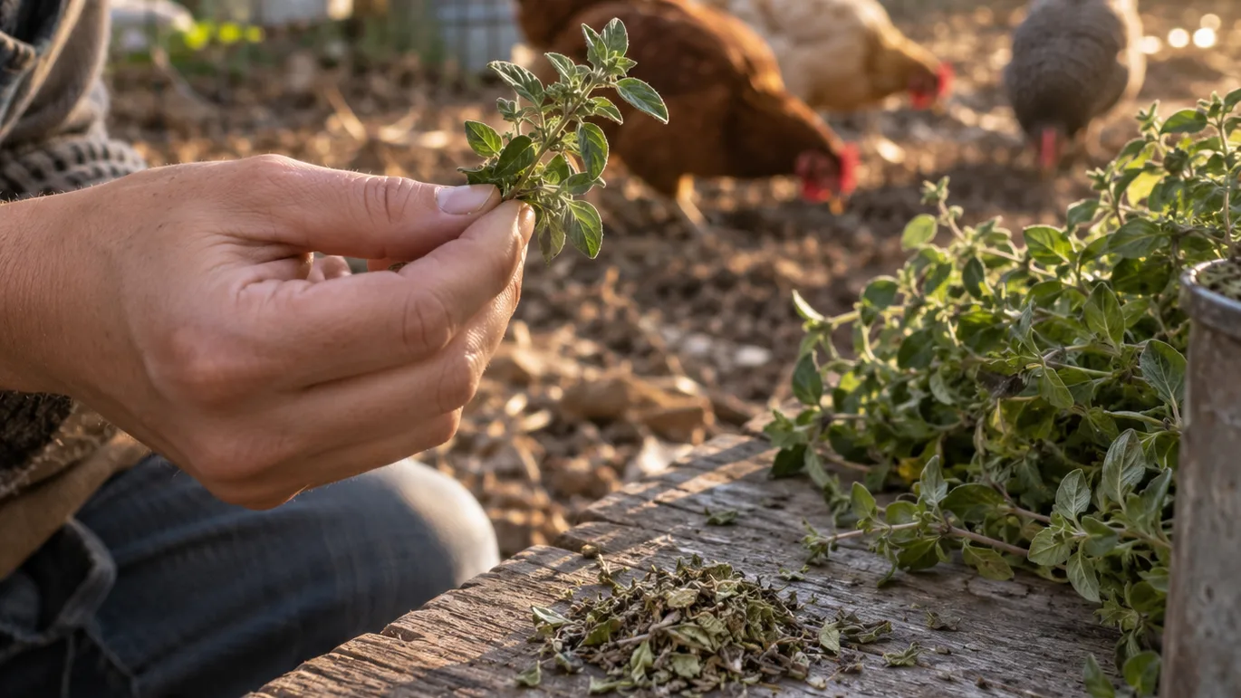 A hand checks a fresh oregano sprig beside loose dried leaves as hens forage nearby.