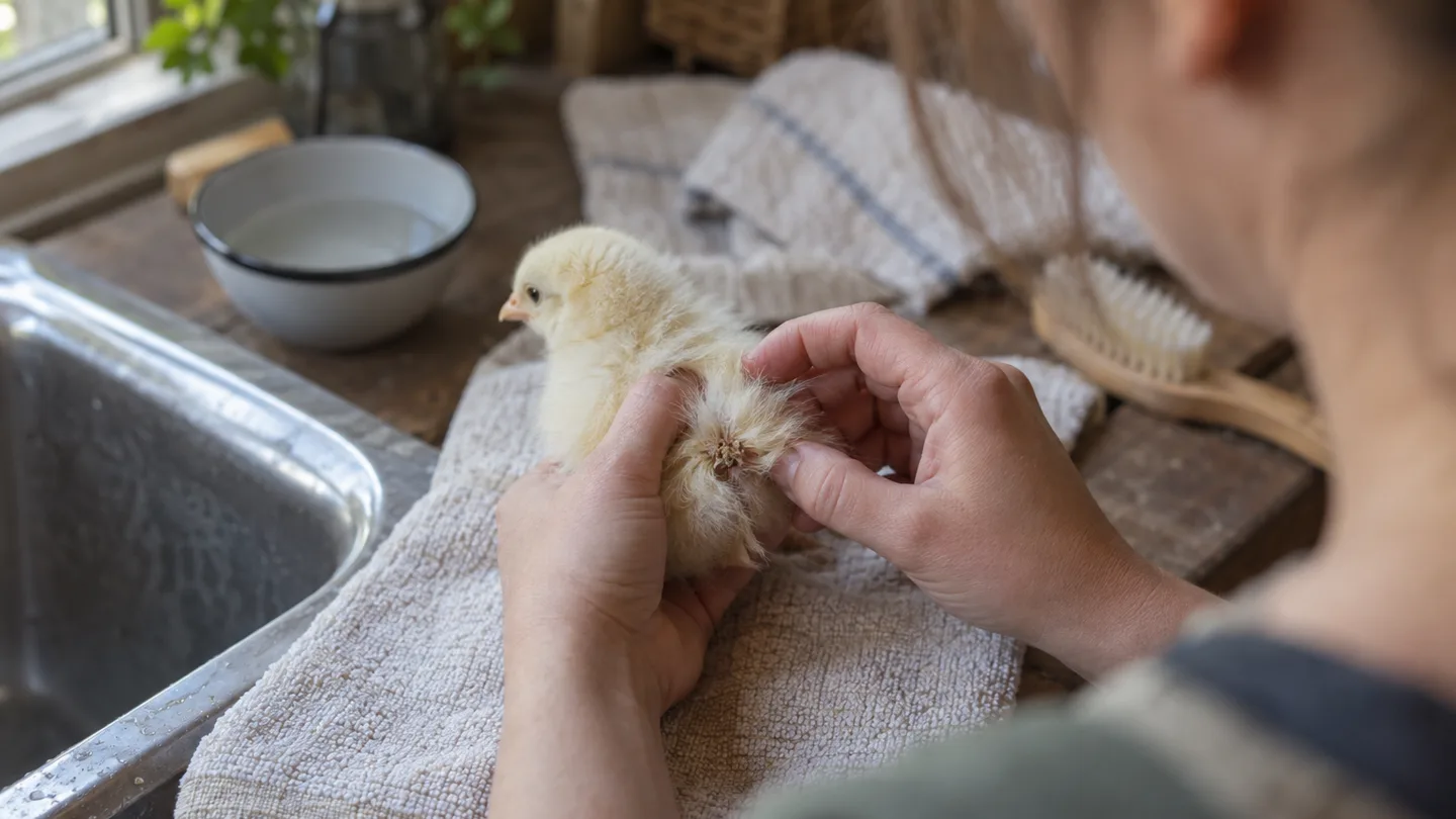 A hand gently checks a chick’s vent for a surface plug before any rinsing.