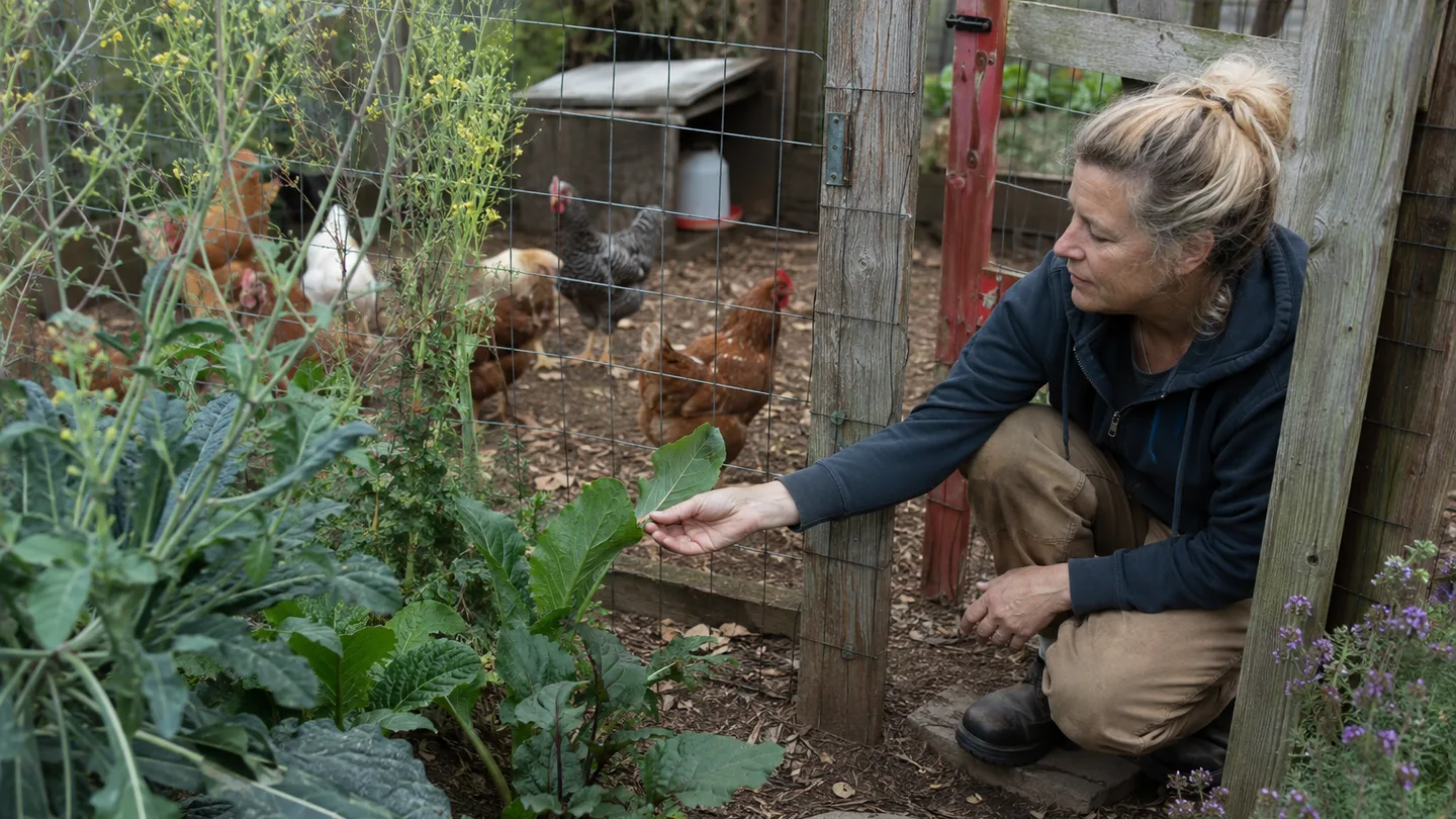 A keeper checks unfamiliar plants beside a chicken run while hens forage safely behind the fence.