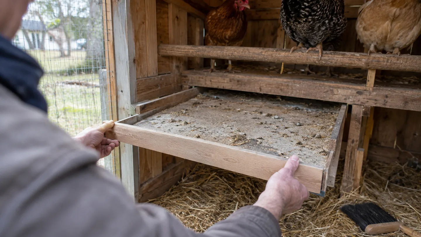 Hands slide out a coop tray beneath the roost, showing its raised edge and support that keep bedding contained.