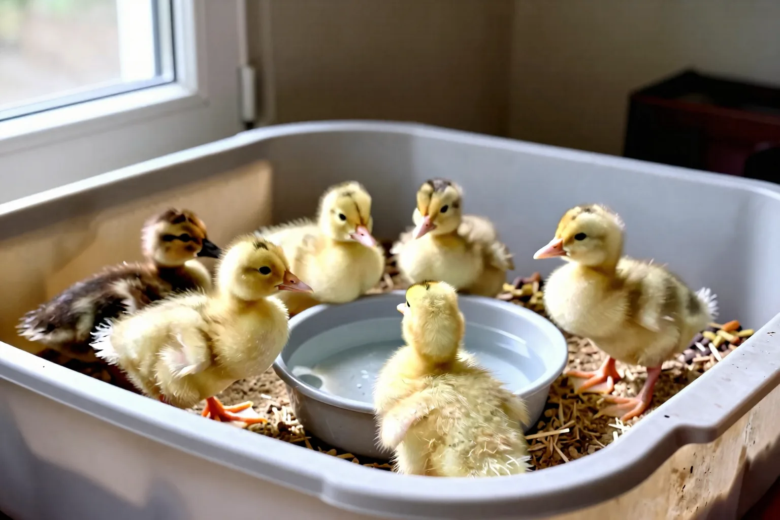 Six chicks and ducklings share a clean tote brooder with dry bedding and separate water and feed areas.