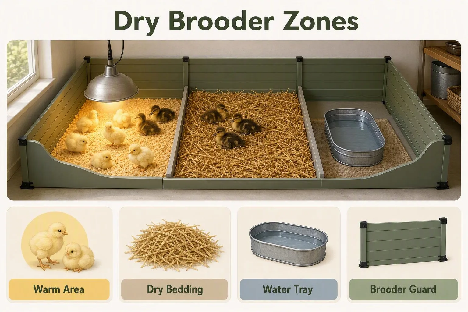 A brooder diagram separates warmth, dry bedding, and a contained water tray to help keep young birds dry.