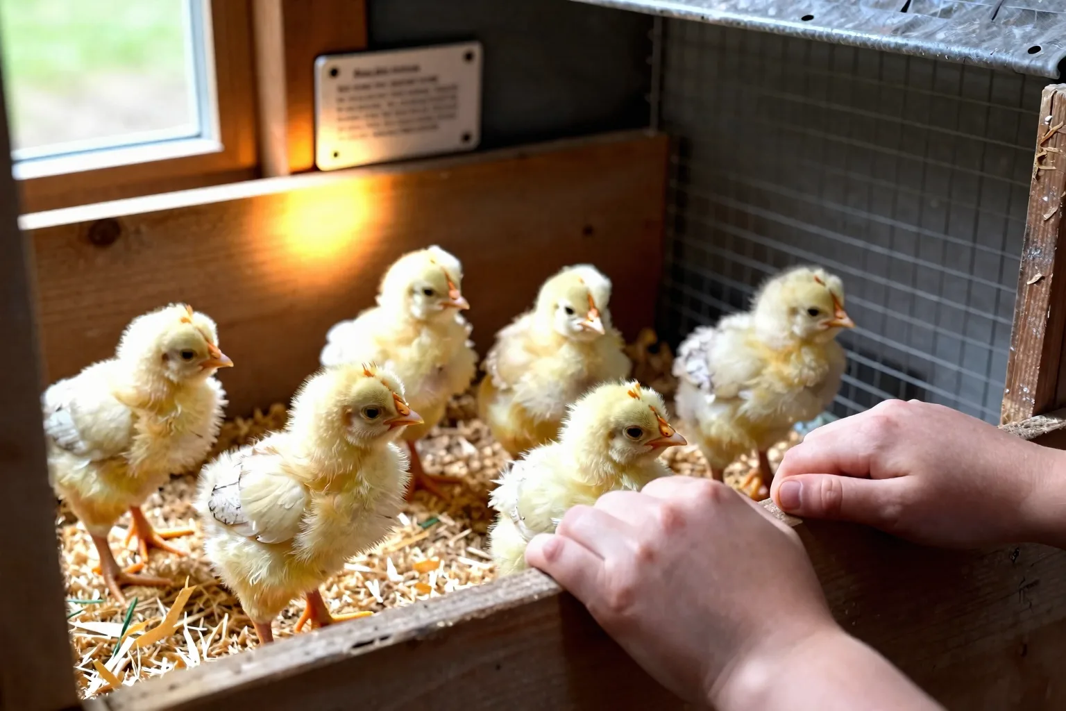 Feathered young chicks step through a latched gate into a covered grow-out pen.