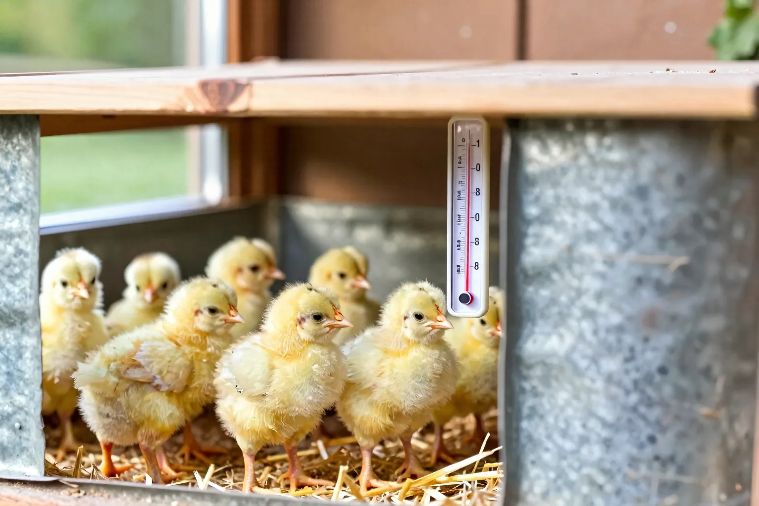 Chicks gather under heat while others rest in a cooler corner beside a thermometer.