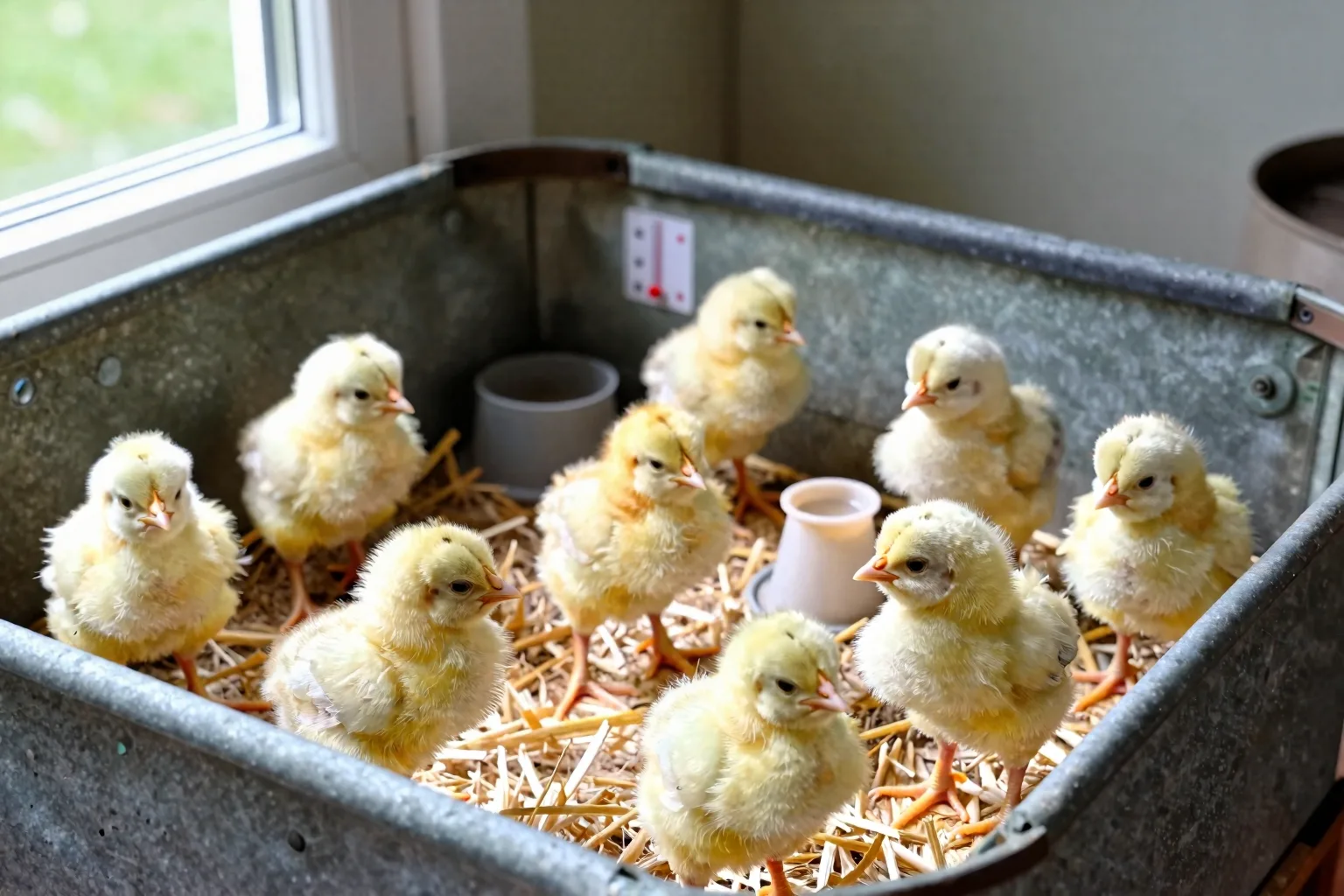 Eight chicks explore a brooder with separate warmth, bedding, food, and water areas.