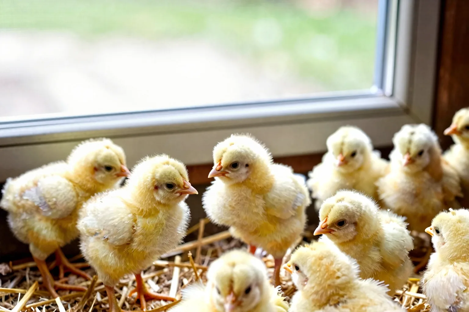 Chicks spread across dry litter beside a thermometer, showing relaxed behavior instead of huddling for warmth.