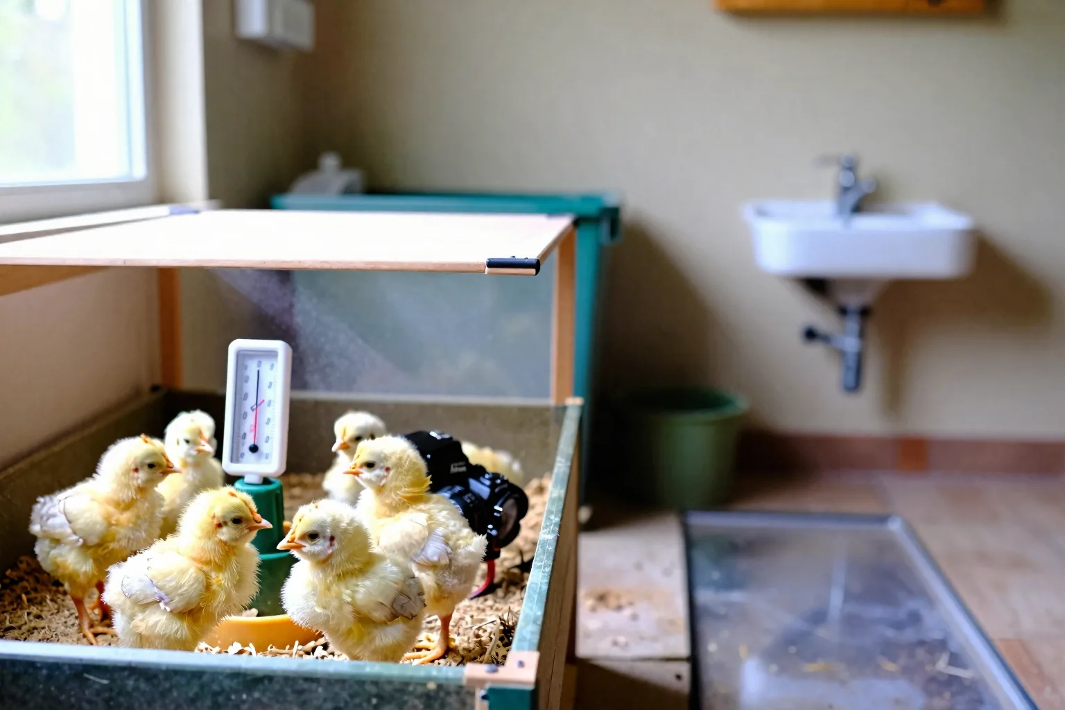 A secure brooder beside a clear walkway makes indoor chick care and cleanup easier.
