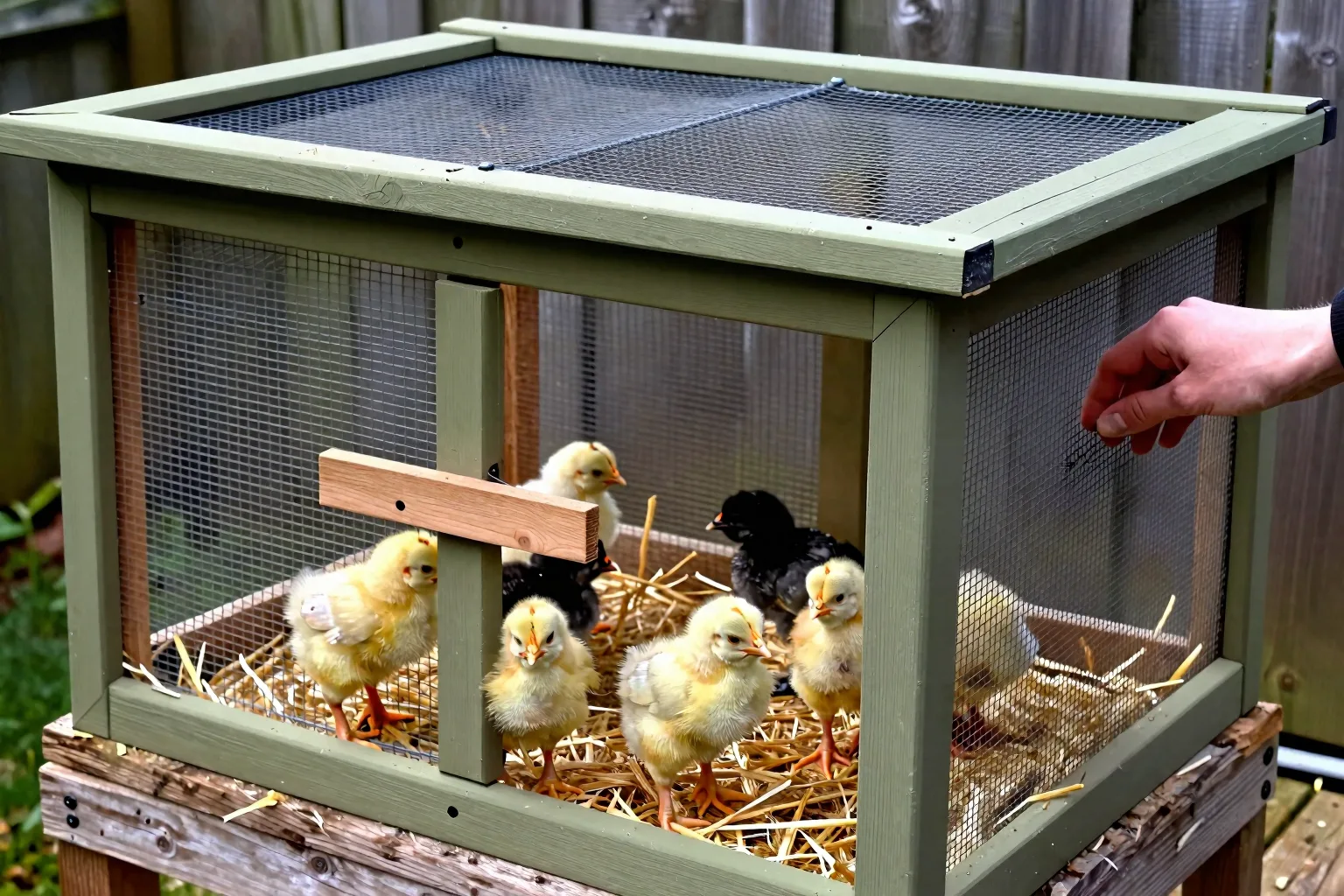 Six chicks gather inside a small covered brooder with mesh sides and a windbreak for outdoor protection.