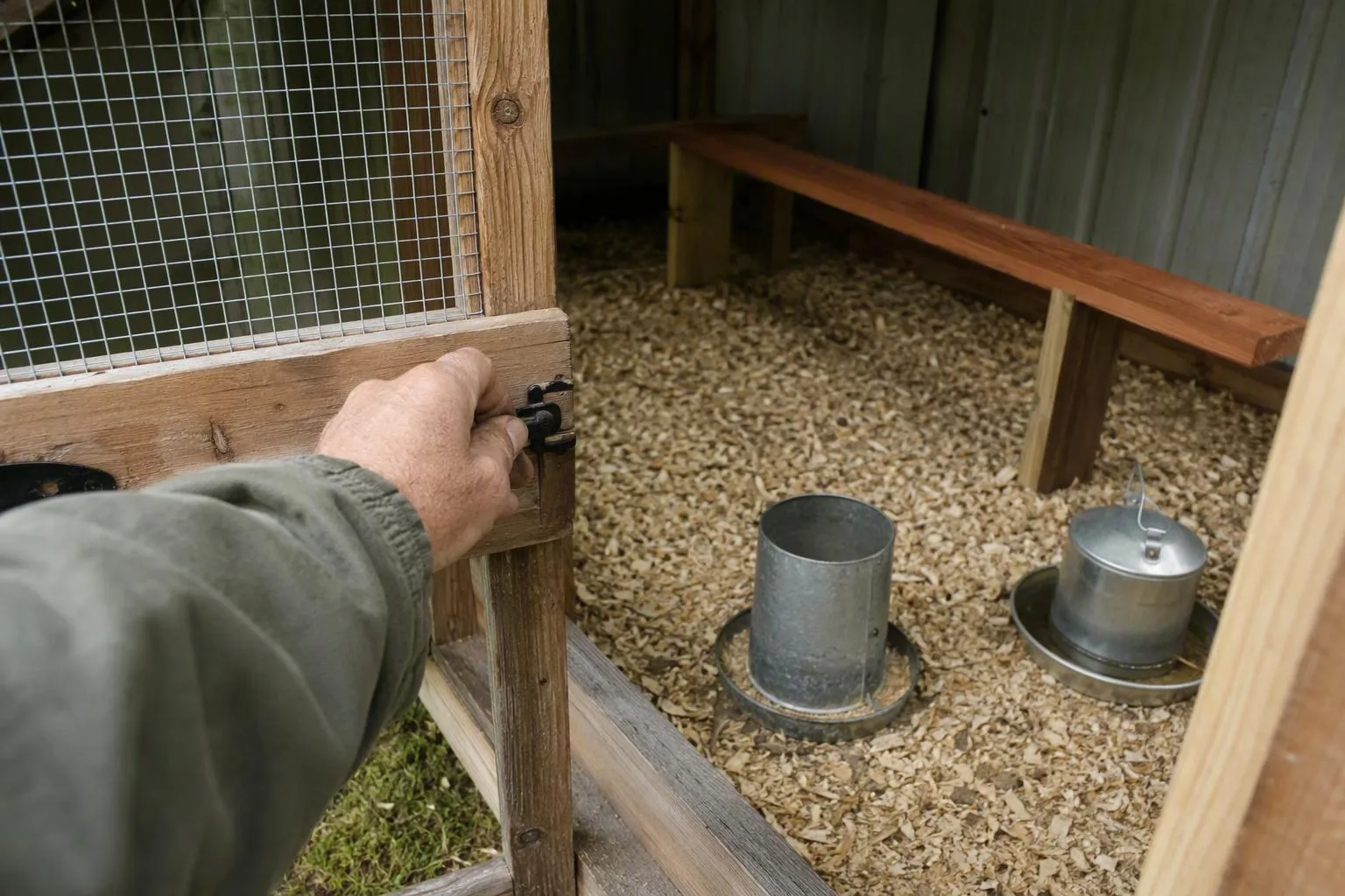 Six-week-old chicks enter a clean grow-out coop with secure mesh and low roosts.