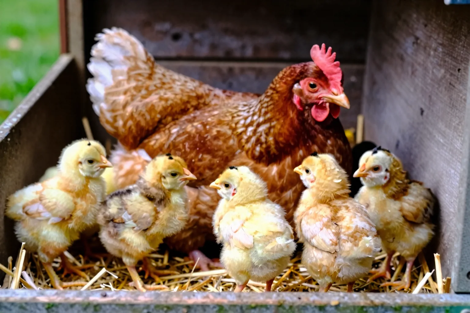 Six-week-old chicks rest close beside their mother hen under a shelter as they begin joining the flock.