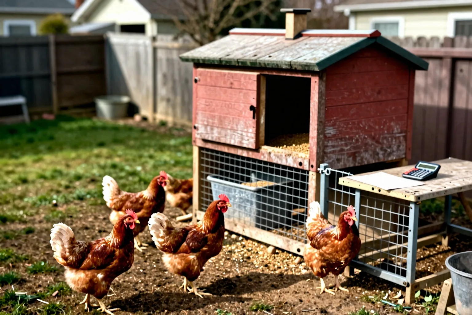 A worn coop, attached run, feed bin, and garden table show the setup behind the household costs.