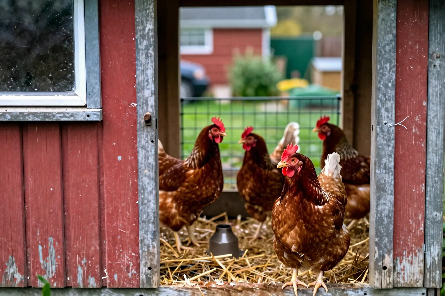 Four hens gather beside their coop and covered run, showing the flock’s shelter and outdoor living space.