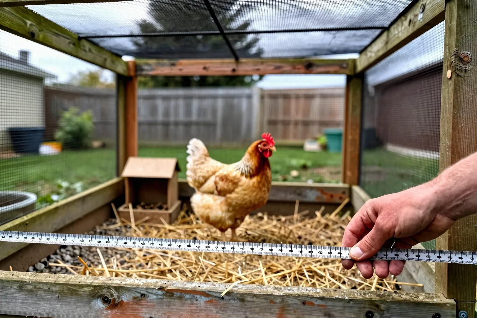 A hand measures the floor of a covered chicken run beside mesh walls and a gravel drainage strip.
