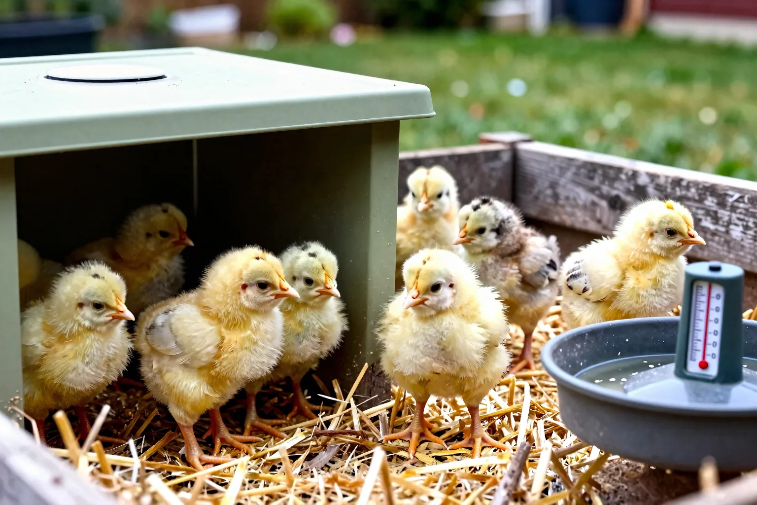 Chicks choose between a heated brooder area and cooler bedding, showing how they regulate their comfort.