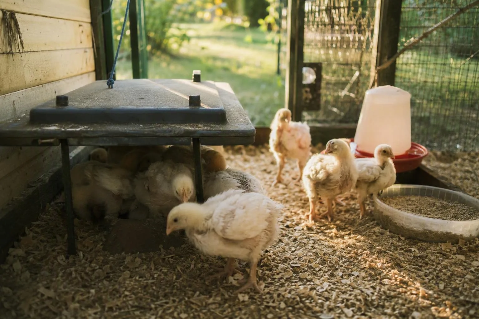 Young chicks gather beneath a brooder beside feed, water, and secure bedding.