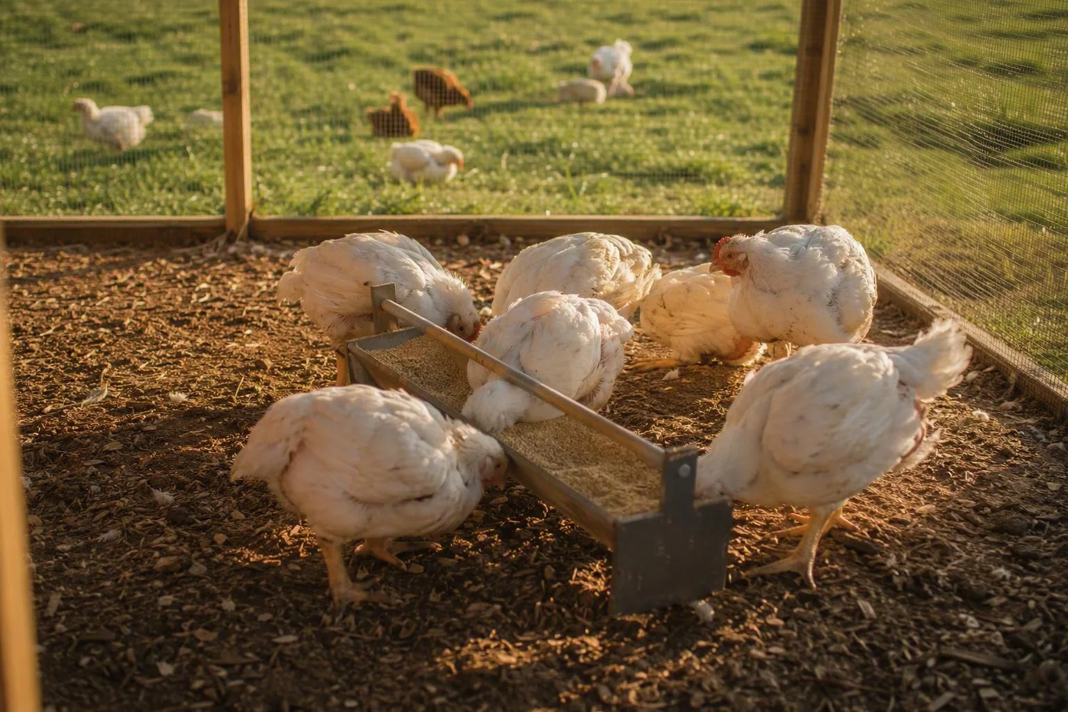 Growing broilers gather around a raised feeder in a clean, dry pen, showing their increasing feed needs.