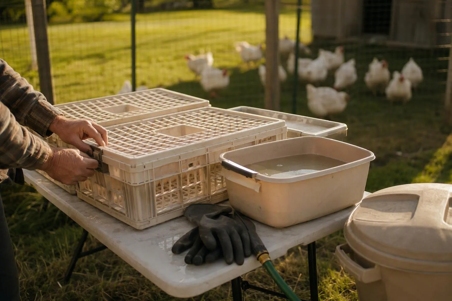 A clean worktable and empty ventilated crates are ready for orderly poultry transport.
