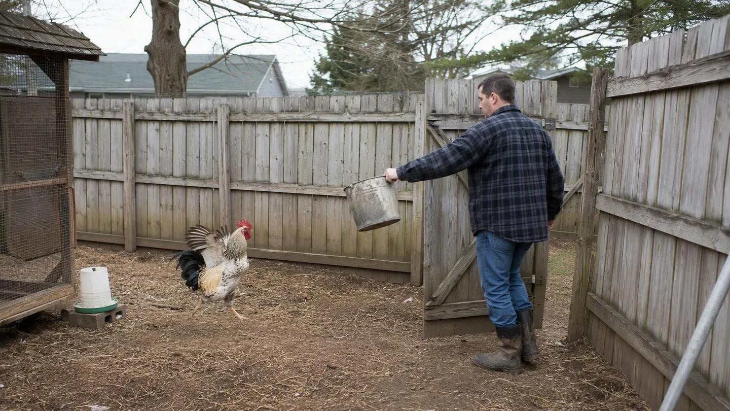 A keeper keeps space from a charging rooster beside an open gate, showing a safer way to leave the run.