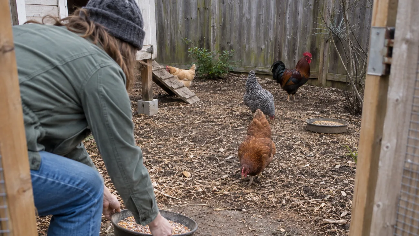 Two feed stations spread the flock through a fenced run, with clear paths beside an open people gate.