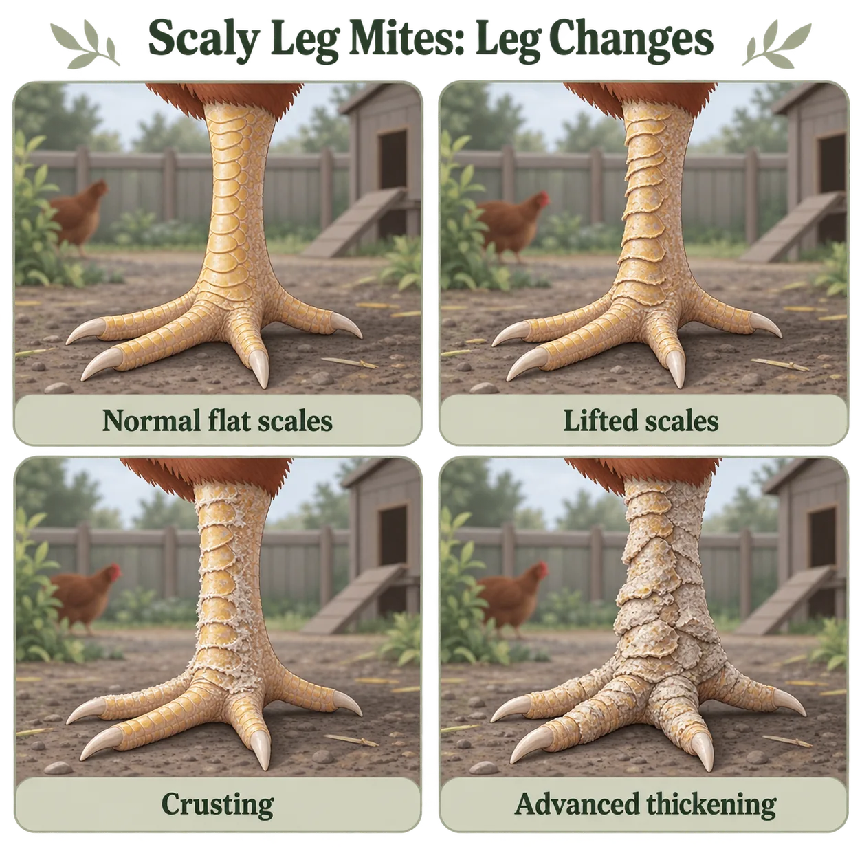 Four chicken-leg diagrams compare normal scales with changes that can signal worsening leg irritation.