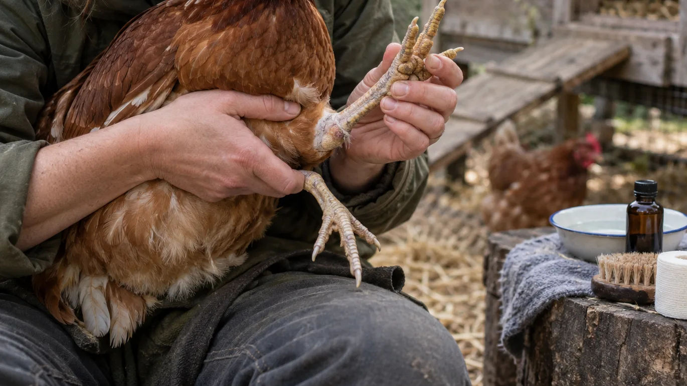 A keeper gently compares a chicken’s legs and checks its footpad during a calm health inspection.