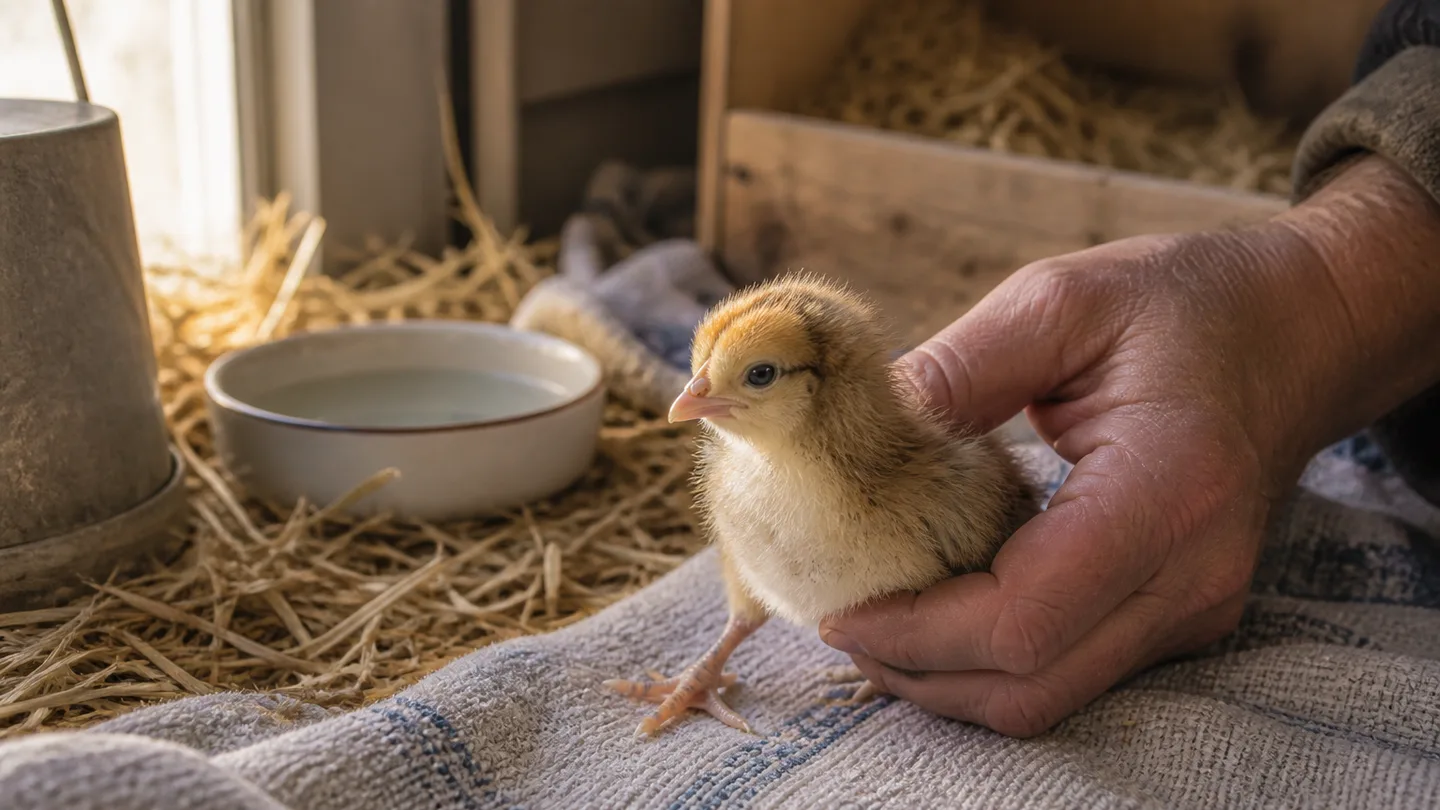 A newly hatched chick wobbles on a textured towel, showing the support used for early leg care.