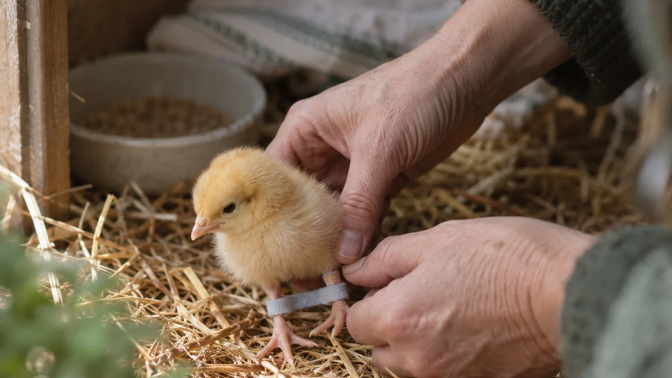 A caregiver gently positions a chick’s legs beneath its body while keeping its toes uncovered.