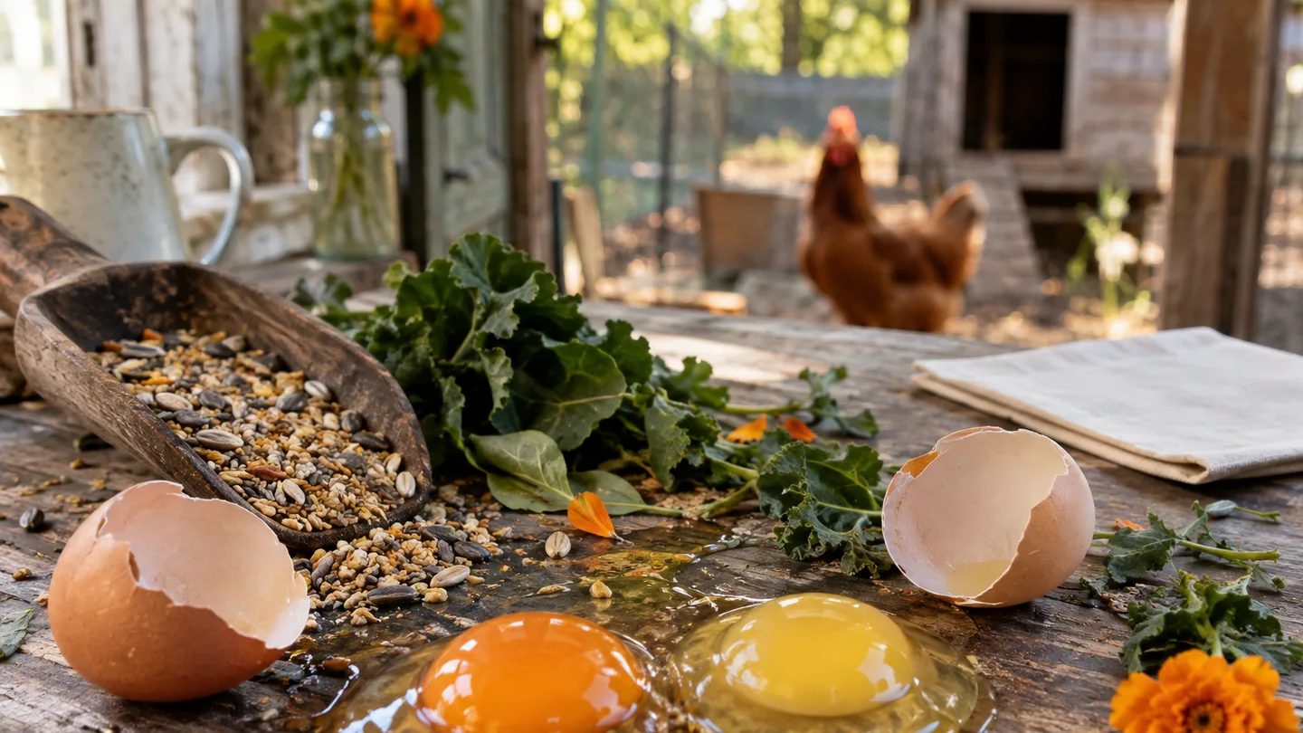 Two eggs with different yolk colors sit beside chicken feed and greens, showing how a hen’s diet shapes the yolk.