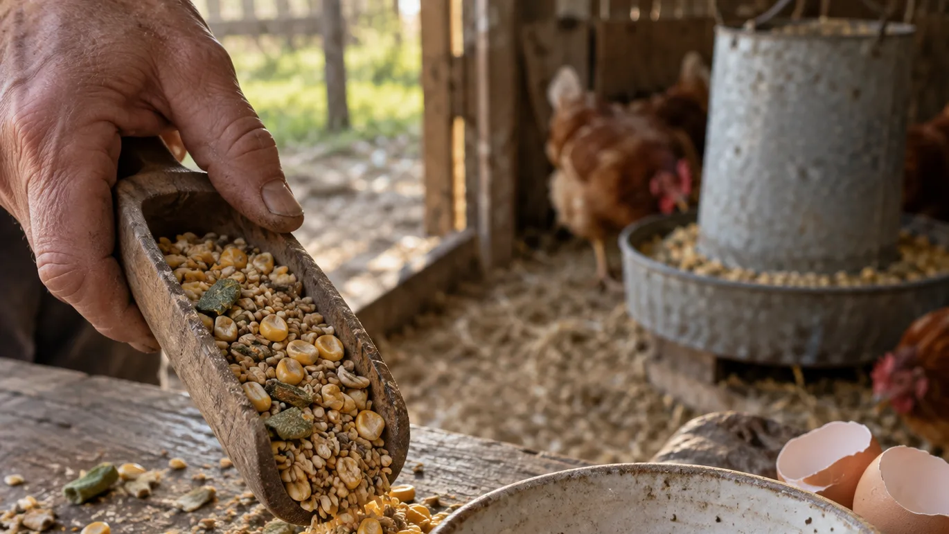 A scoop of mixed chicken feed sits beside a cracked egg with a rich orange yolk, showing the route from feed to egg.