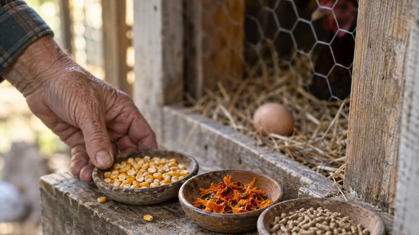 Small dishes of yellow corn, marigold petals, and complete feed sit beside an egg, showing possible yolk-color sources.