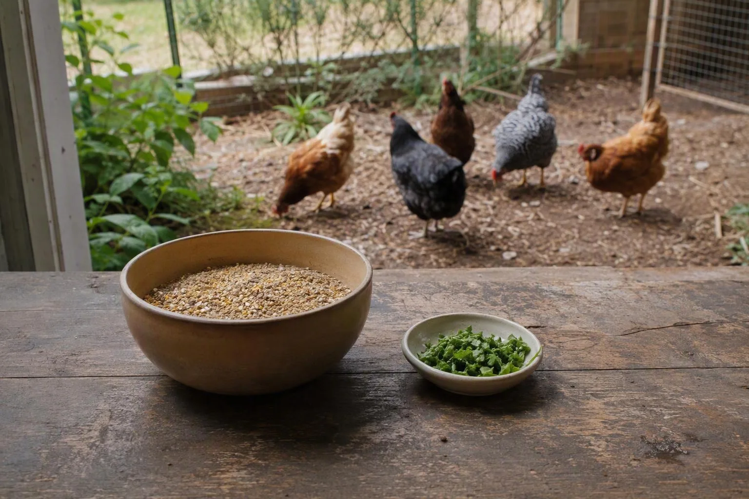 A keeper sorts plain vegetable scraps beside a bowl of chicken feed.