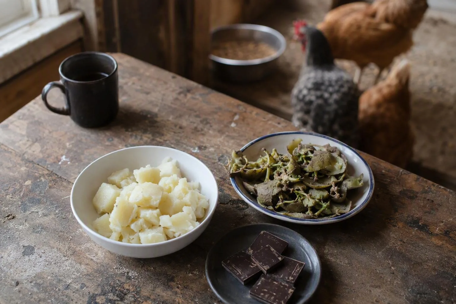 Cooked potato flesh sits apart from green skins, sprouts, chocolate, and coffee for safer feeding.